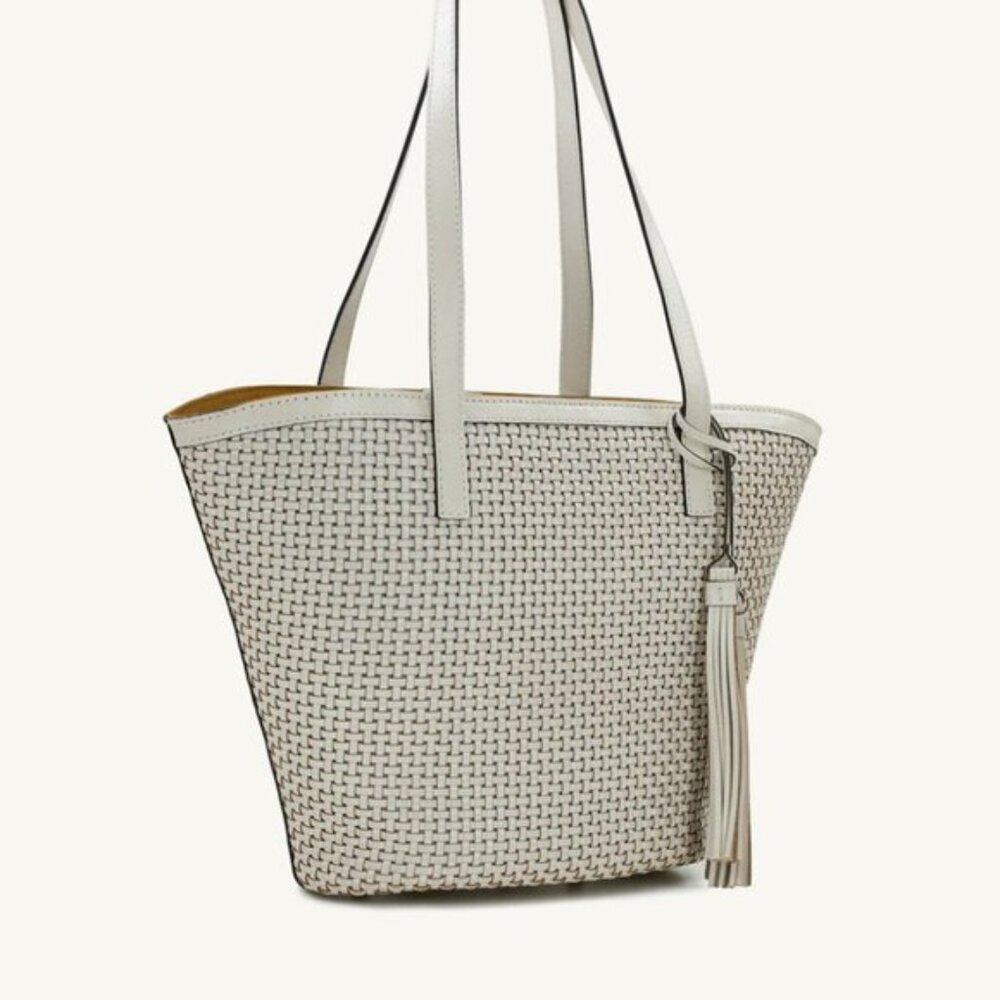 Patricia Nash Marconia Tote Woven Leather Latte Dark White Handbag - Picture 2 of 16